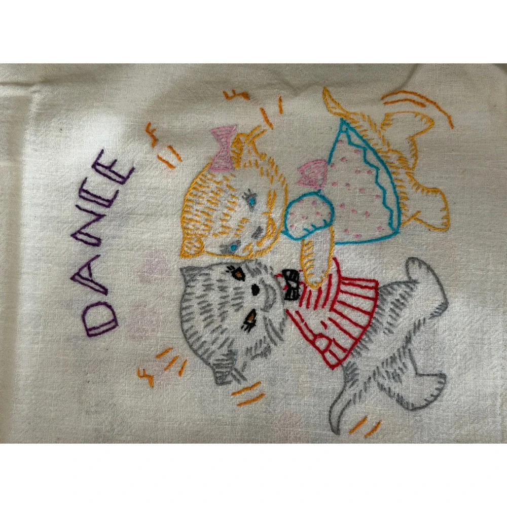Hand Embroidered Cat Tea Towels Set 6 Kitsch Wedding Honeymoon